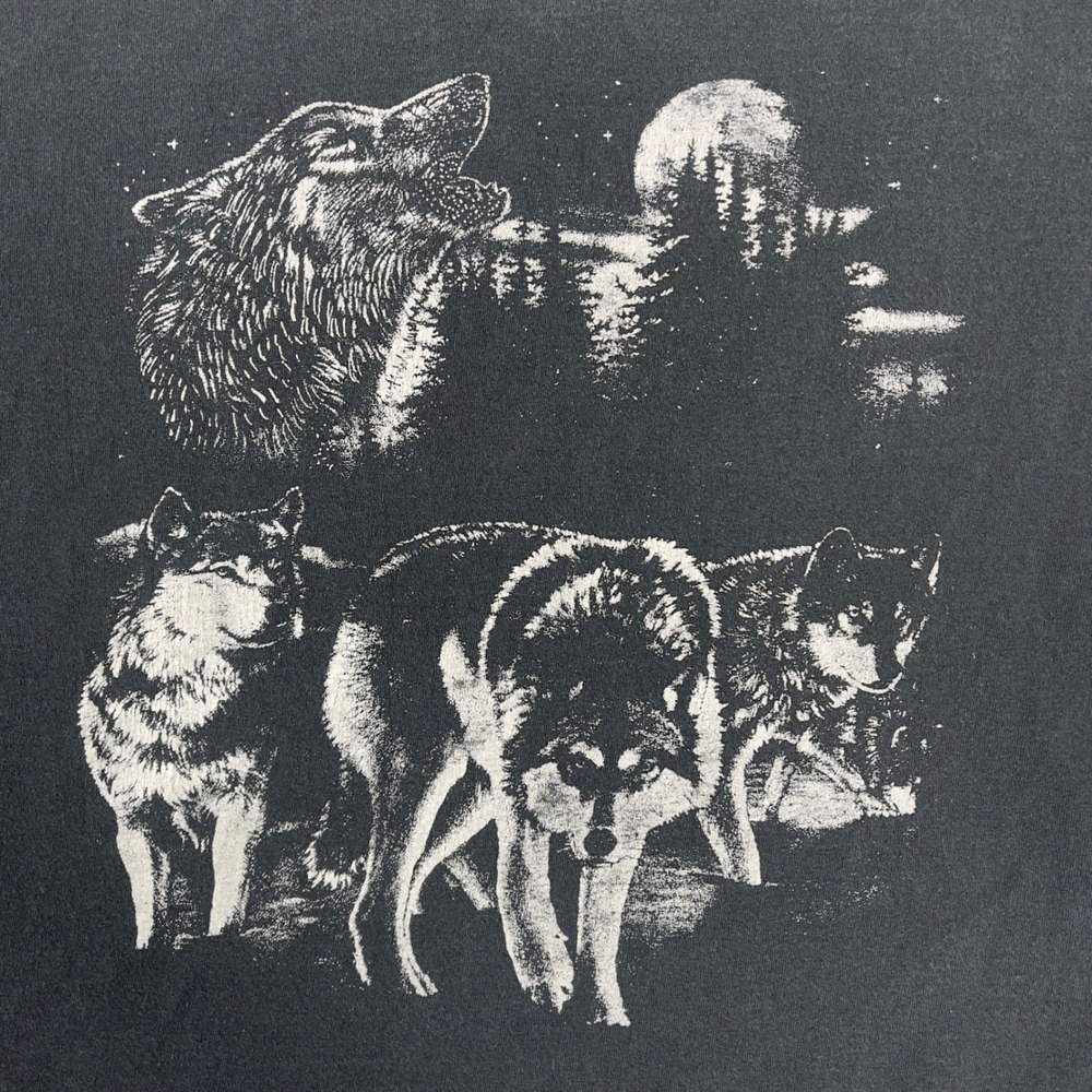 Vintage Wolf Graphic T-Shirt Mens XL Black 1998 Moon Pack Faded - Picture 6 of 7